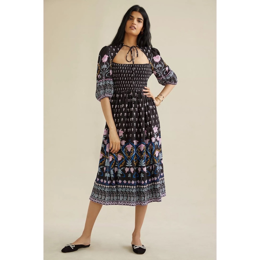 Anthropologie Black Floral Midi Dress with Pink and Blue Accents